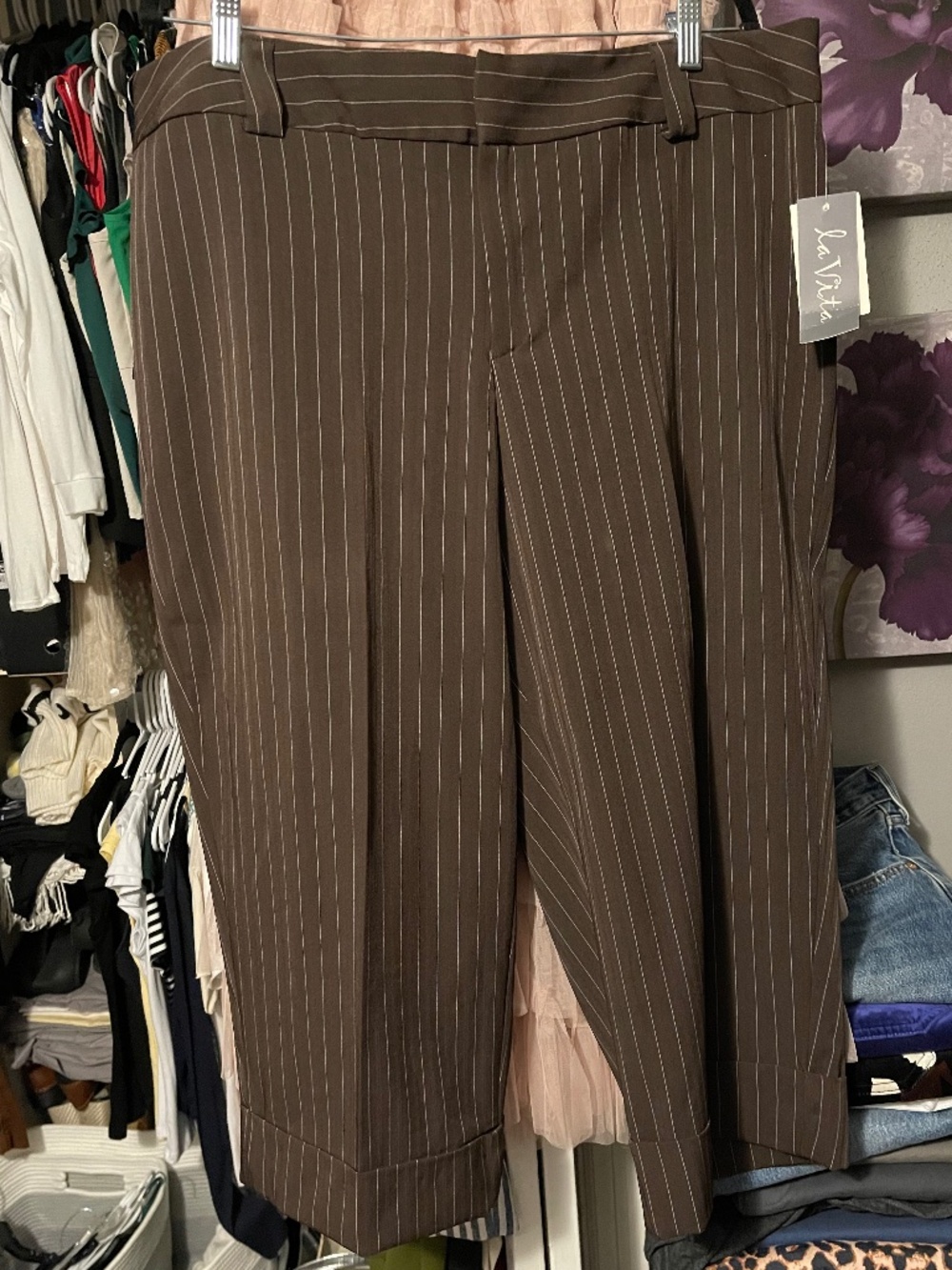 NWT Brown Pinstriped Cropped Cuffed Trousers